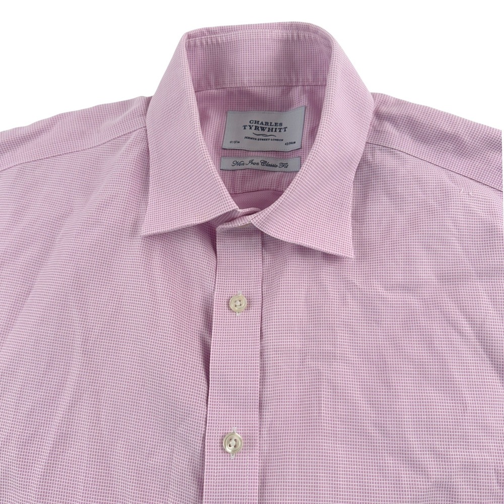 Charles Tyrwhitt Mens 17/37 Dress Shirt Pink Micro Grid Non Iron Classic Fit‎